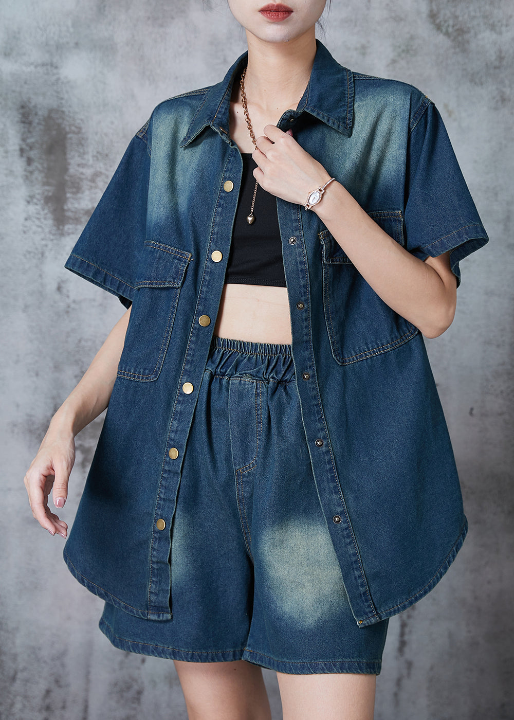 Modern Navy Oversized Denim Sets 2 Pieces Summer
