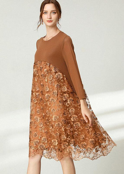 Fitted Khaki Tulle Jacquard Hollow Out Fall Long Sleeve Maxi Dress