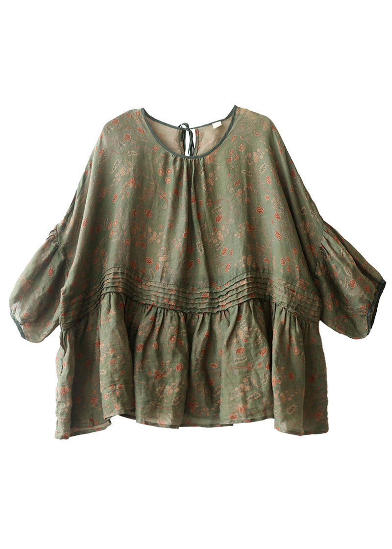 Grey Green Print Wrinkled Patchwork Linen Shirt Tops Short Sleeve