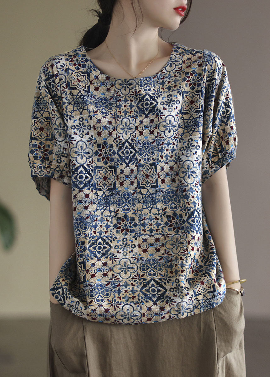 Blue O-neck Original Design Print Linen Tank Short Sleeve