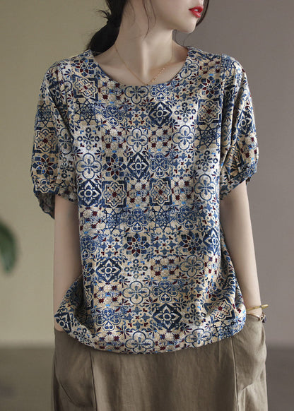 Blue O-neck Original Design Print Linen Tank Short Sleeve