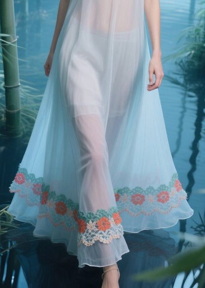 Light Blue Oversized Patchwork Tulle Sheer Dresses Summer