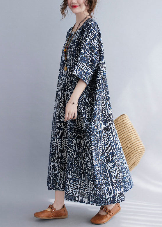 Print O Neck Pockets Cotton Long Dresses Summer