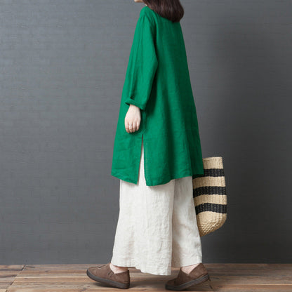 Green Linen Outfit Fabrics Chinese Button Short Side Open Dress Spring