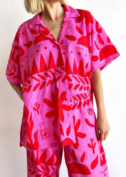 Rose Print Shirts and Wide Leg Pants Two Pieces Set Short Sleeve