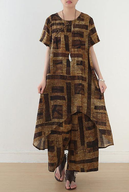 Gray Prints Chiffon Two Pieces Side Open Tops and Elastic Waist Wide Leg Pants
