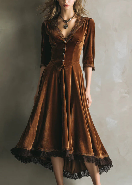French Chocolate V Neck Lace Patchwork Silk Velvet Long Dress Half Sleeve