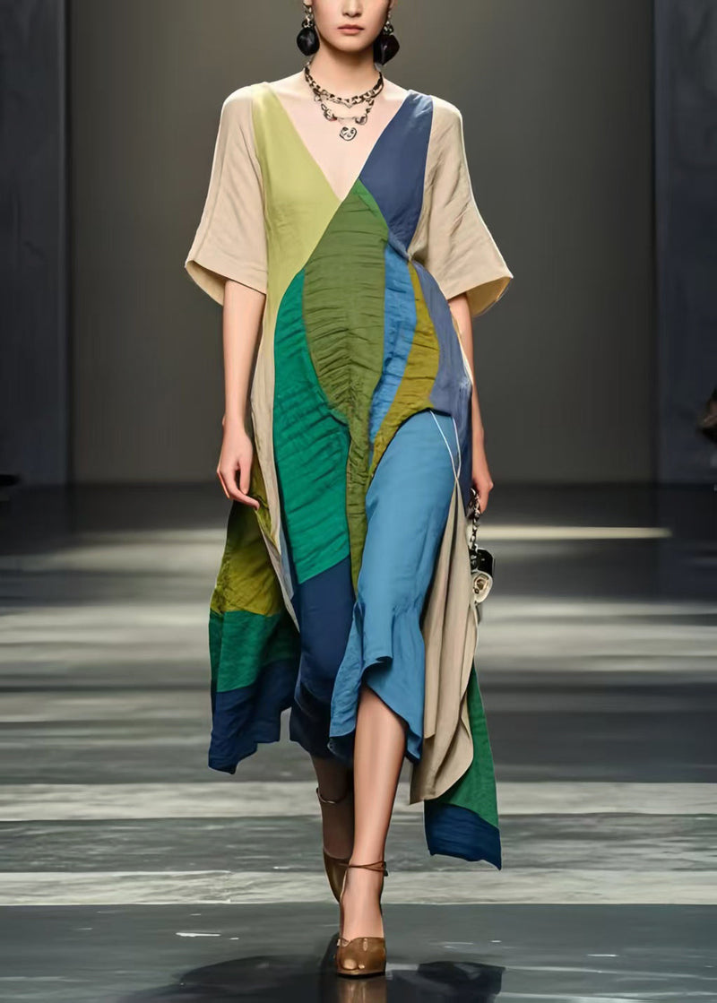Colorblock Asymmetrical Design Wrinkled Cotton Dresses Summer
