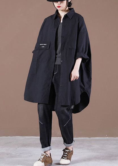 Handmade Black Loose Button Asymmetrical Design Fall Top Long Sleeve