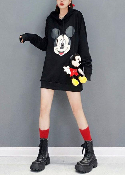 Unique Black Hooded Print Fall Sweatshirts Top