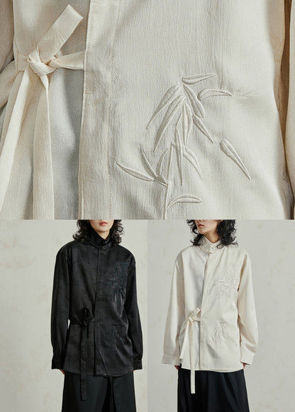 Black Shirt Embroidered Tie Waist Fall
