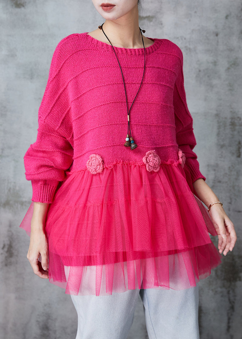 Fine Rose Patchwork Tulle Knit Sweater Tops Spring