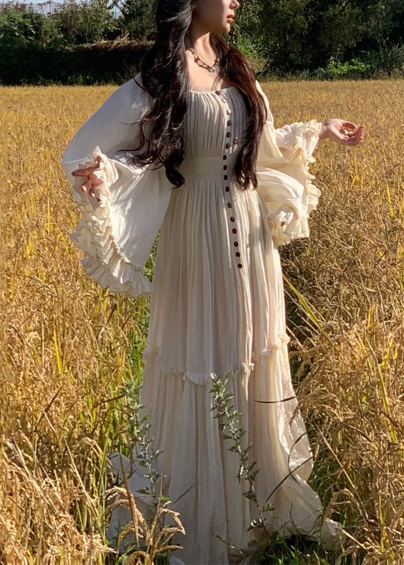 White Ruffled High Waist Cotton Maxi Dress Flare Sleeve