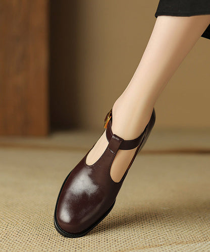 Black Cowhide Leather Splicing Chunky Shoes Hollow Out