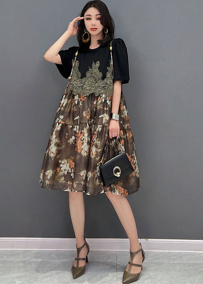 Unique Brown O-neck Embroideried Patchwork Print Mid Dress Short Sleeve