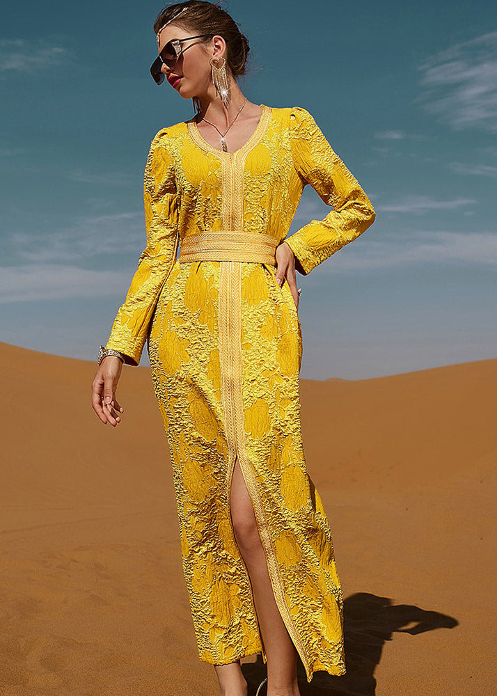 Dinner Yellow O-neck Slim Lace Maxi Dresses Long Sleeve