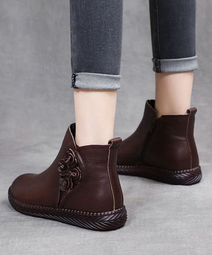 Brown Cowhide Leather Warm Fleece Boots Zippered Ankle Boots