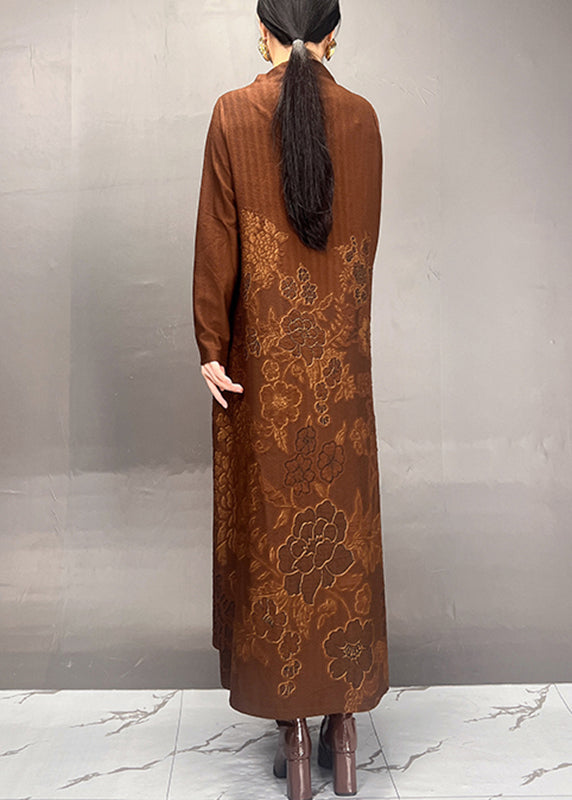 Brown Stand Collar Print Long Dresses Fall