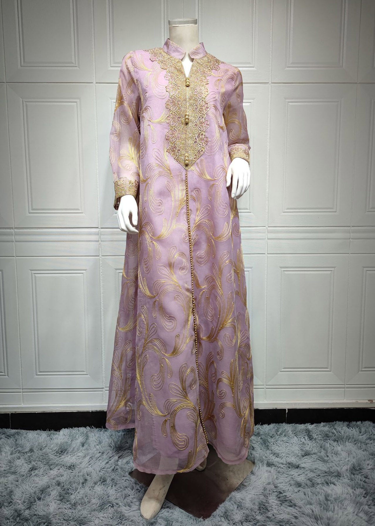 Light Purple Stand Collar Embroideried Tulle Long Dress Fall