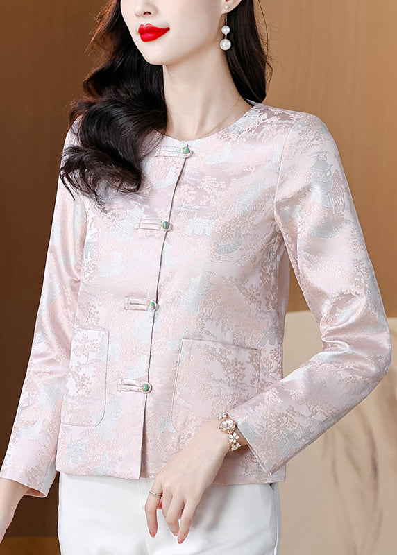 Pink O Neck Button Pockets Silk Coat Fall