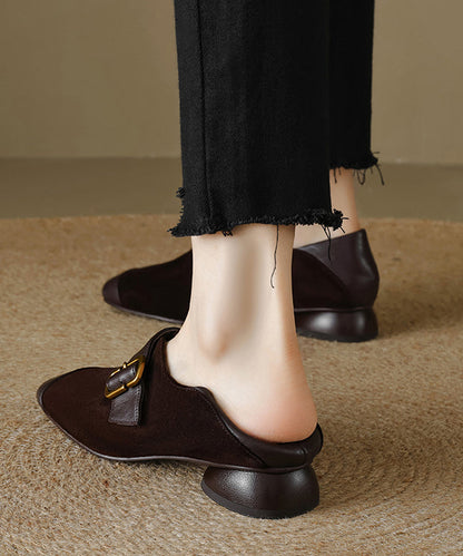 Brown Suede Buckle Strap Splicing Chunky Loafers for