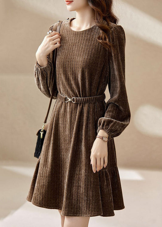 Coffee O Neck Sashes Patchwork Silk Velour Mid Dress Spring
