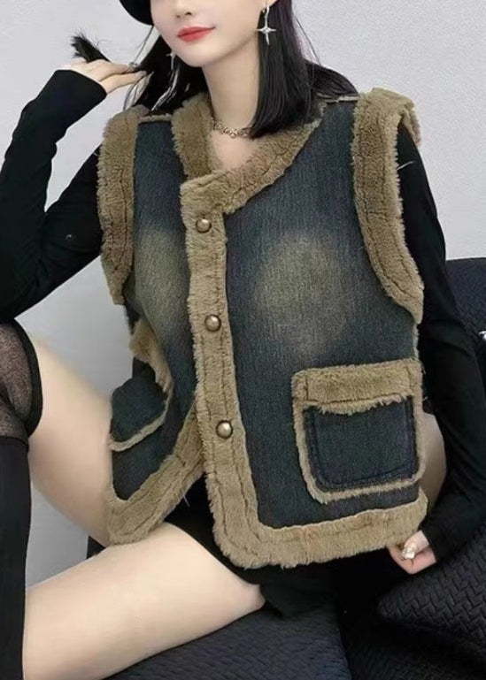 Navy Button Pockets Patchwork Thick Denim Waistcoat Sleeveless