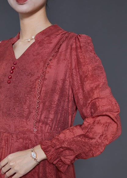 Red Ruffled Jacquard Cotton Robe Dresses Spring