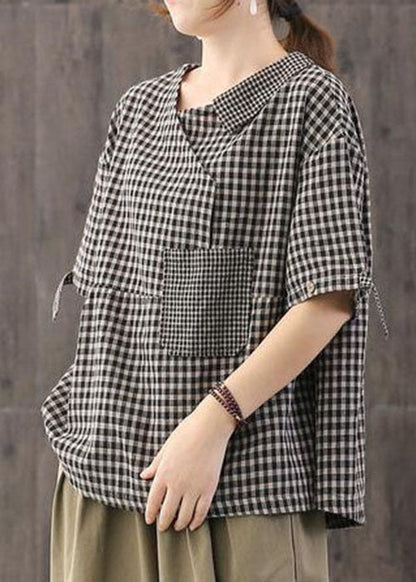 Black Asymmetrical Plaid Cotton Blouses Half Sleeve