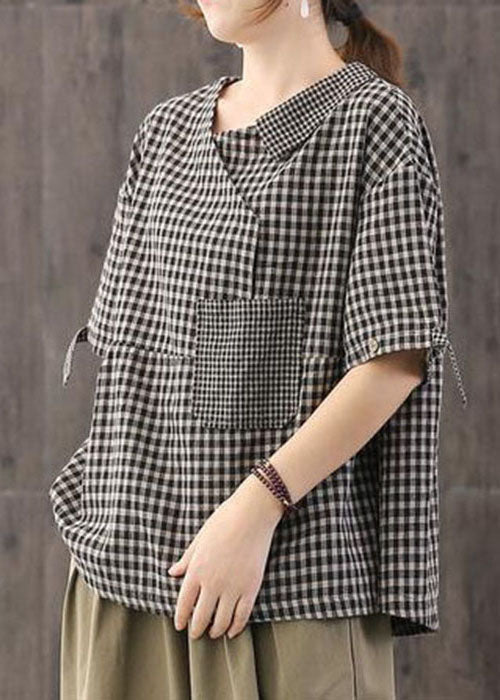 Black Asymmetrical Plaid Cotton Blouses Half Sleeve