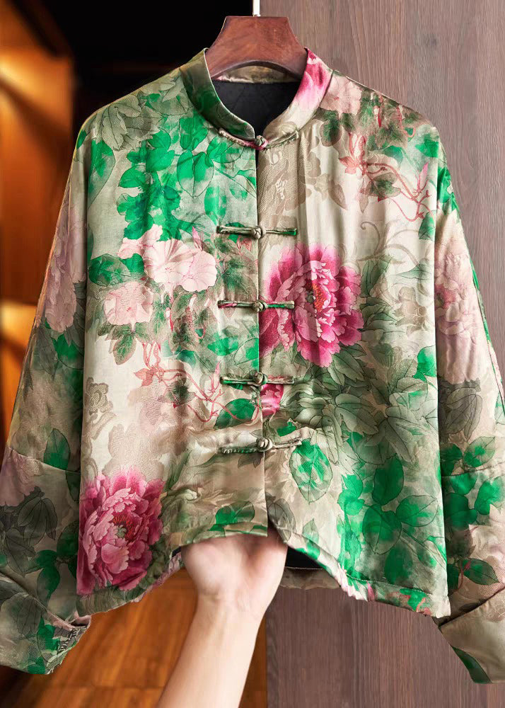 Green Stand Collar Chinese Button Print Cotton Filled Coats Spring