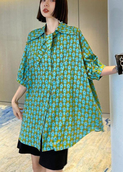 Green Print Button Short Sleeve Cotton Top