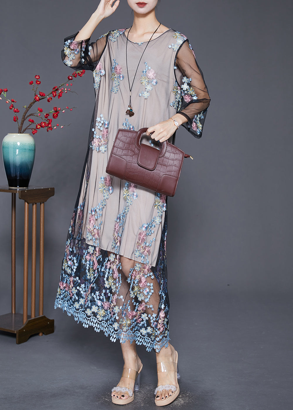 Grey Embroideried Hollow Out Tulle Maxi Dresses Fall