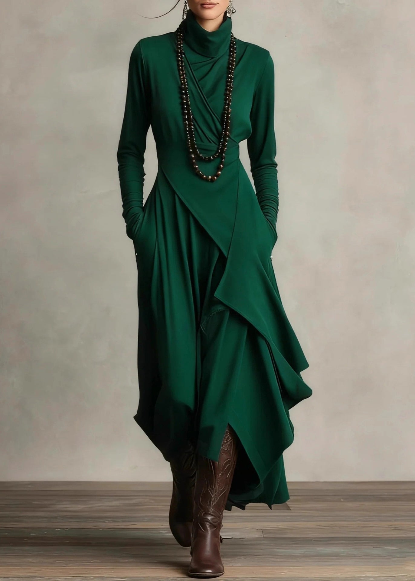 Original Design Purple Turtleneck Pockets Cotton Maxi Dress Spring