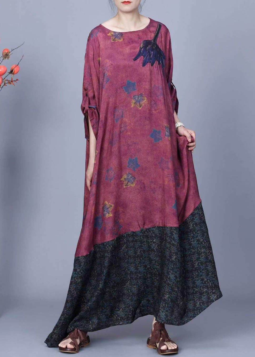 Purple Print Pockets Patchwork Silk Long Dresses Spring