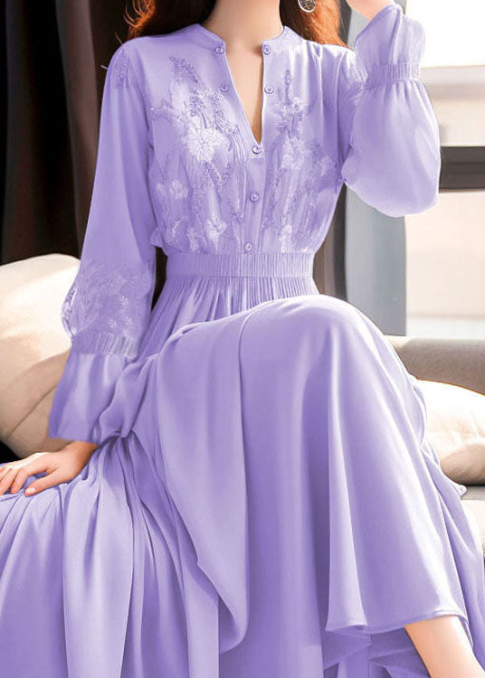 Purple Embroidered Lace Elastic Waist Maxi Dresses Fall