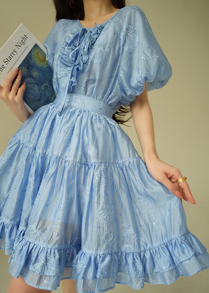 Blue Ruffled Shirts and Skirts Silk Cotton Summer Two Pieces Set Embroidered