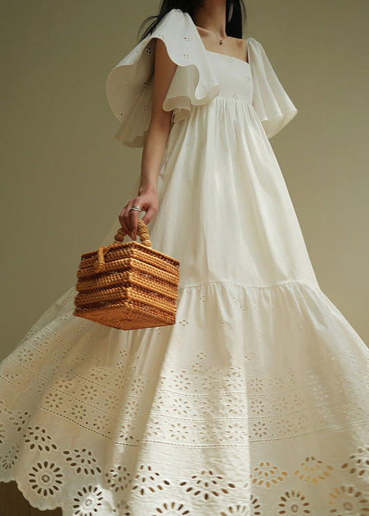 Brief White Square Collar Hollow Out Maxi Dresses Summer