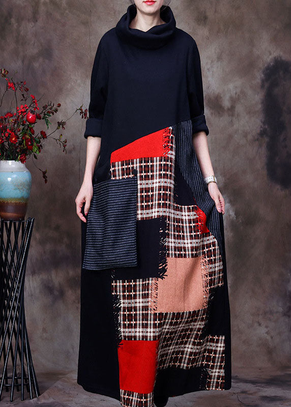 Black Turtle Neck Patchwork Woolen Dress Spring