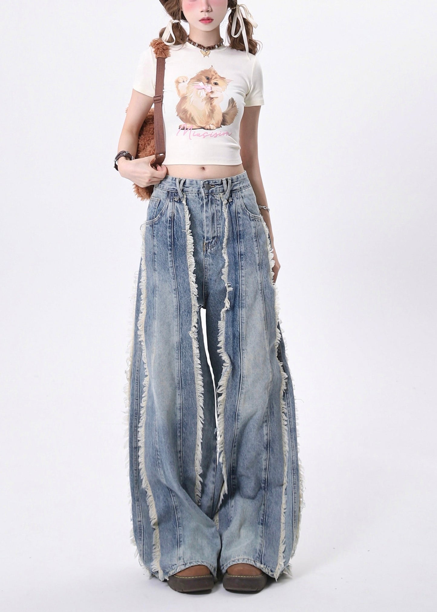 Blue Tasseled Patchwork Denim Straight Pants Spring