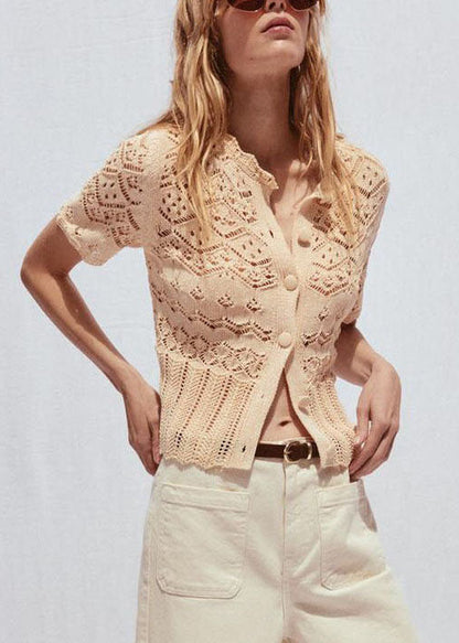Handmade Khaki Hollow Out Button Knit T Shirts Summer