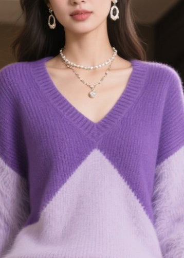 Purple Patchwork Mink Hair Knitted Sweaters Winter