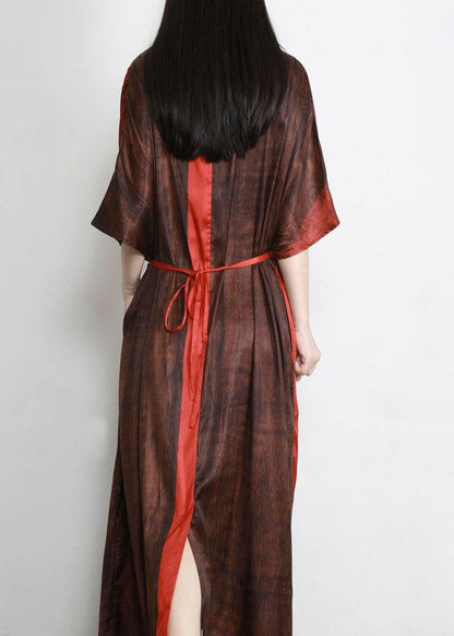 Organic Red Drawstring V Neck Silk Dress