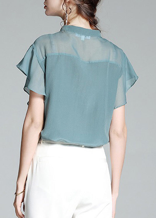 Brief Haze Blue Stand Collar Button Silk Shirt Short Sleeve
