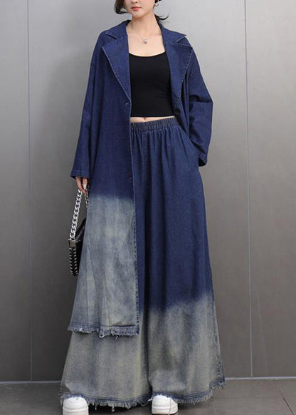 Gradient Color Navy Notched Denim Long Trench Coats and Wide Leg Pants Two Pieces Set Fall