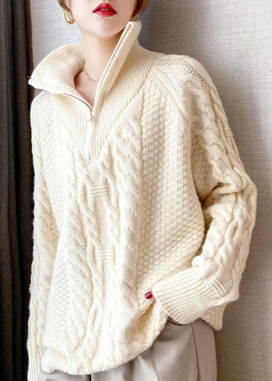 Beige Thick Knit Sweater Tops Turtle Neck Spring