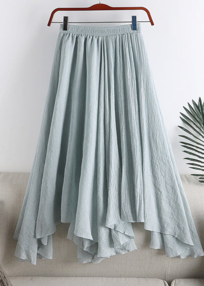 Natural Blue Asymmetrical Elastic Waist Wrinkled Linen a Line Skirt Summer