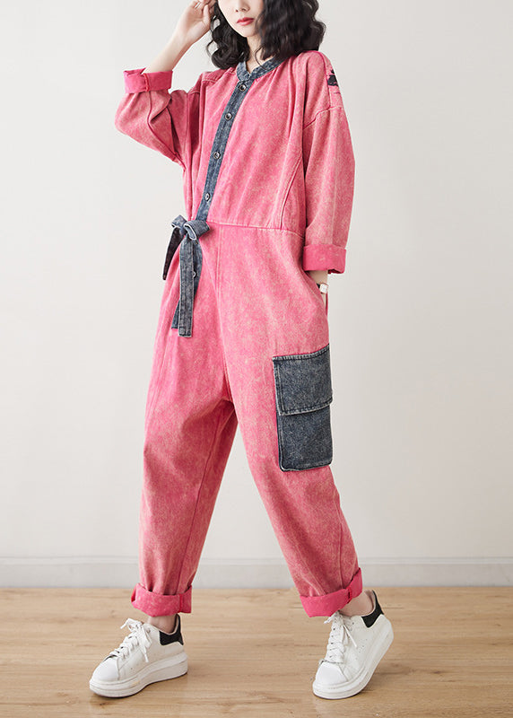 Fitted Red O-neck Patchwork Tie Waist Jumpsuit Spring