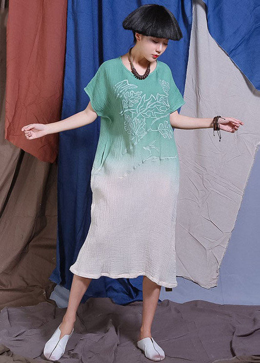 Handmade Green Embroideried Gradient Color Dresses Short Sleeve