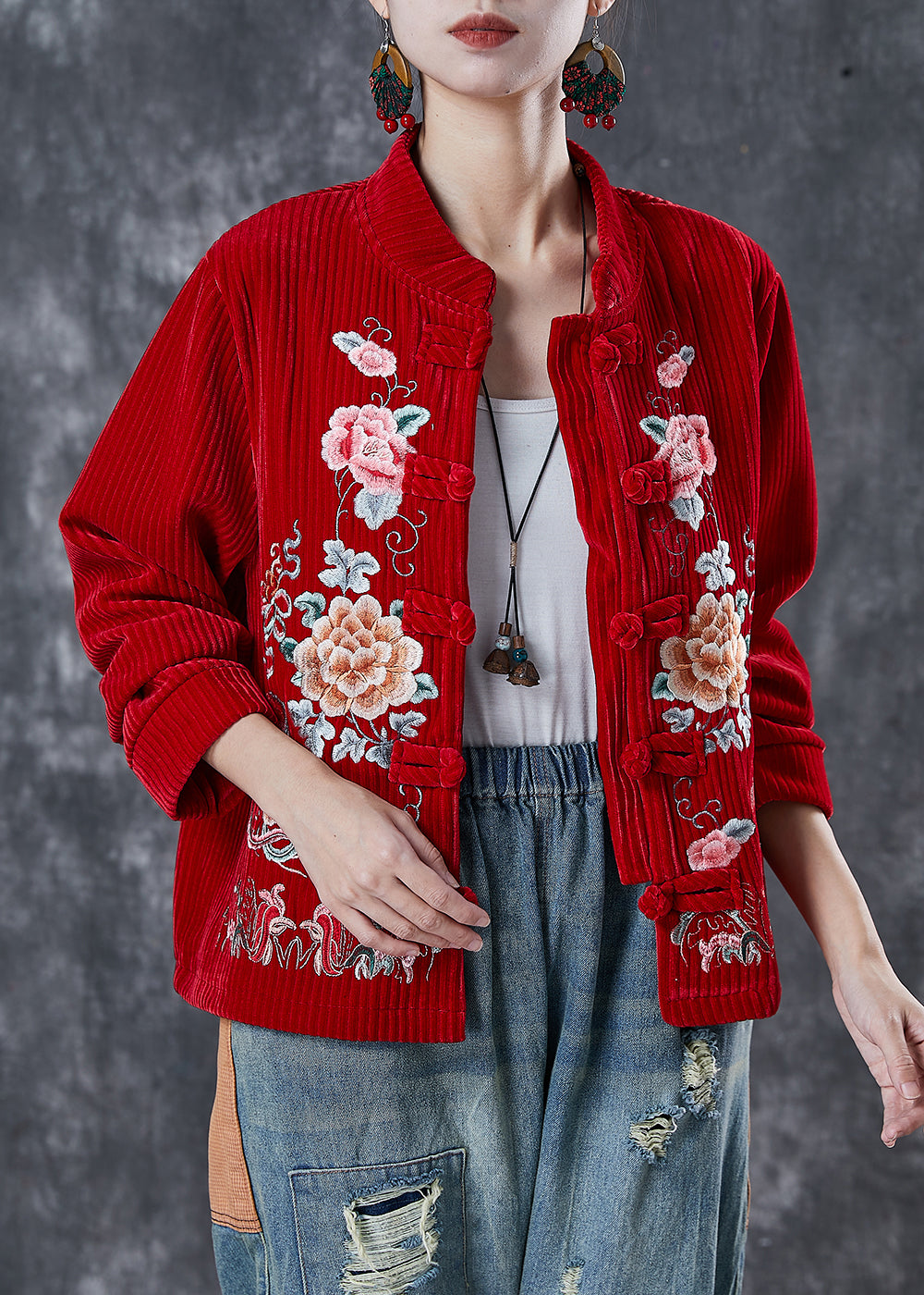 Red Embroideried Corduroy Jackets Spring
